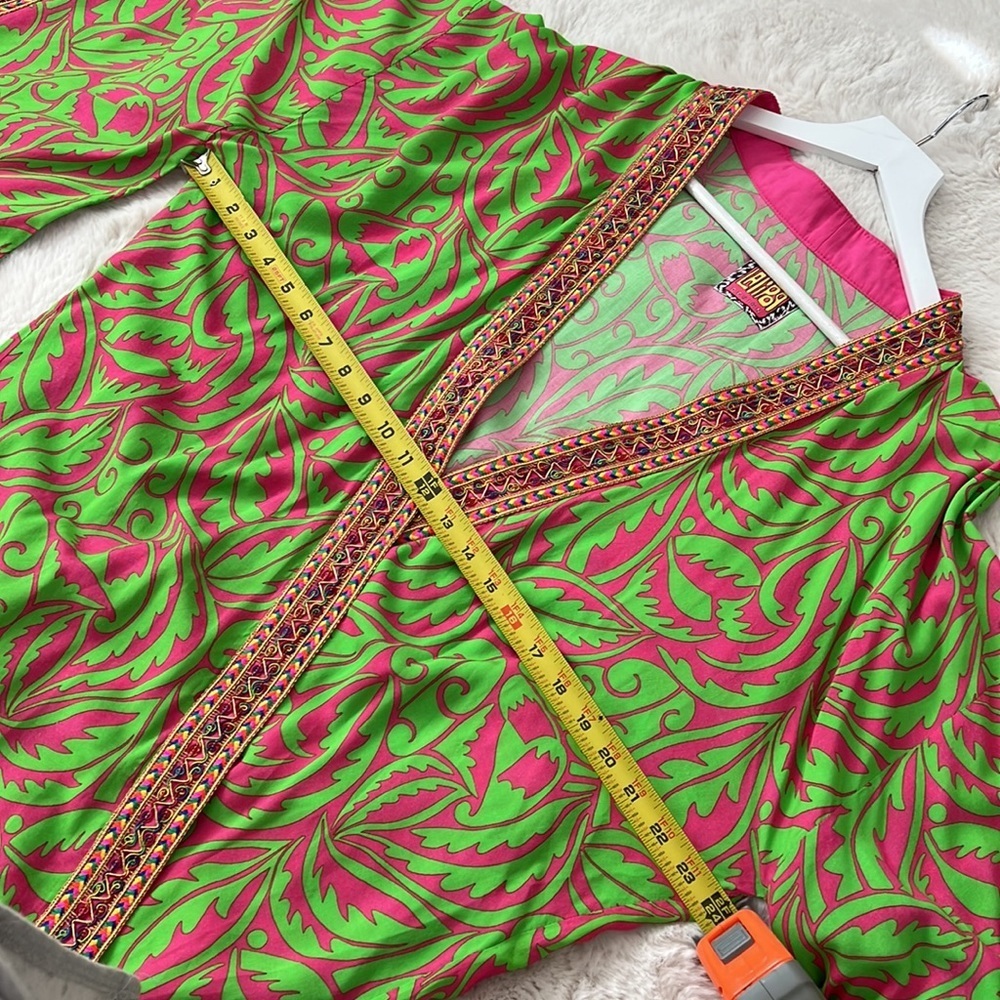 DESIGNER SET SIZE M Green Leaf Print Midi Viscose Kimono with Embroidery… - Picture 14 of 16